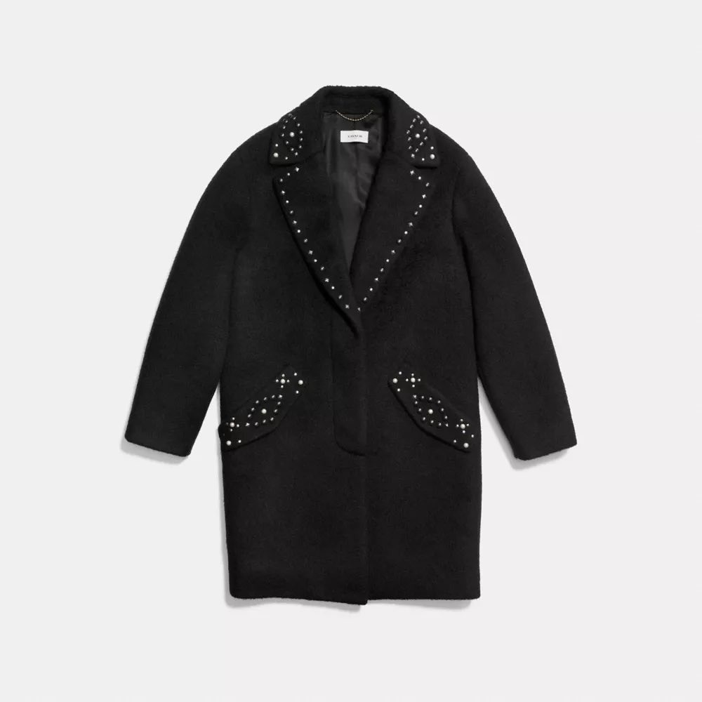 Coach Black Wool blend mohair Studded Pearl‎ Embellished Coat 57014 Size 4 NEW